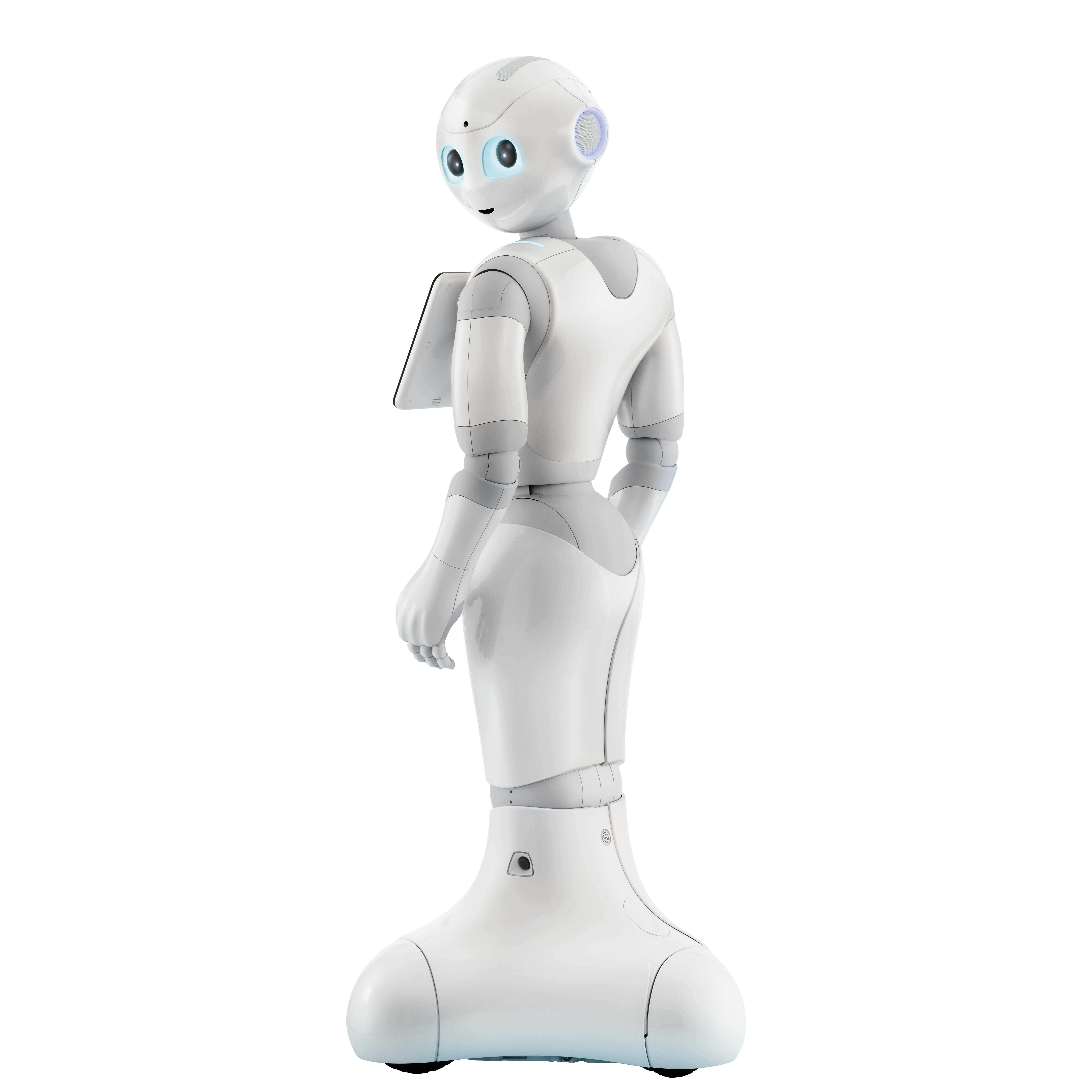 Robot humanoidalny Pepper spogląda zza ramienia na gości recepcji.